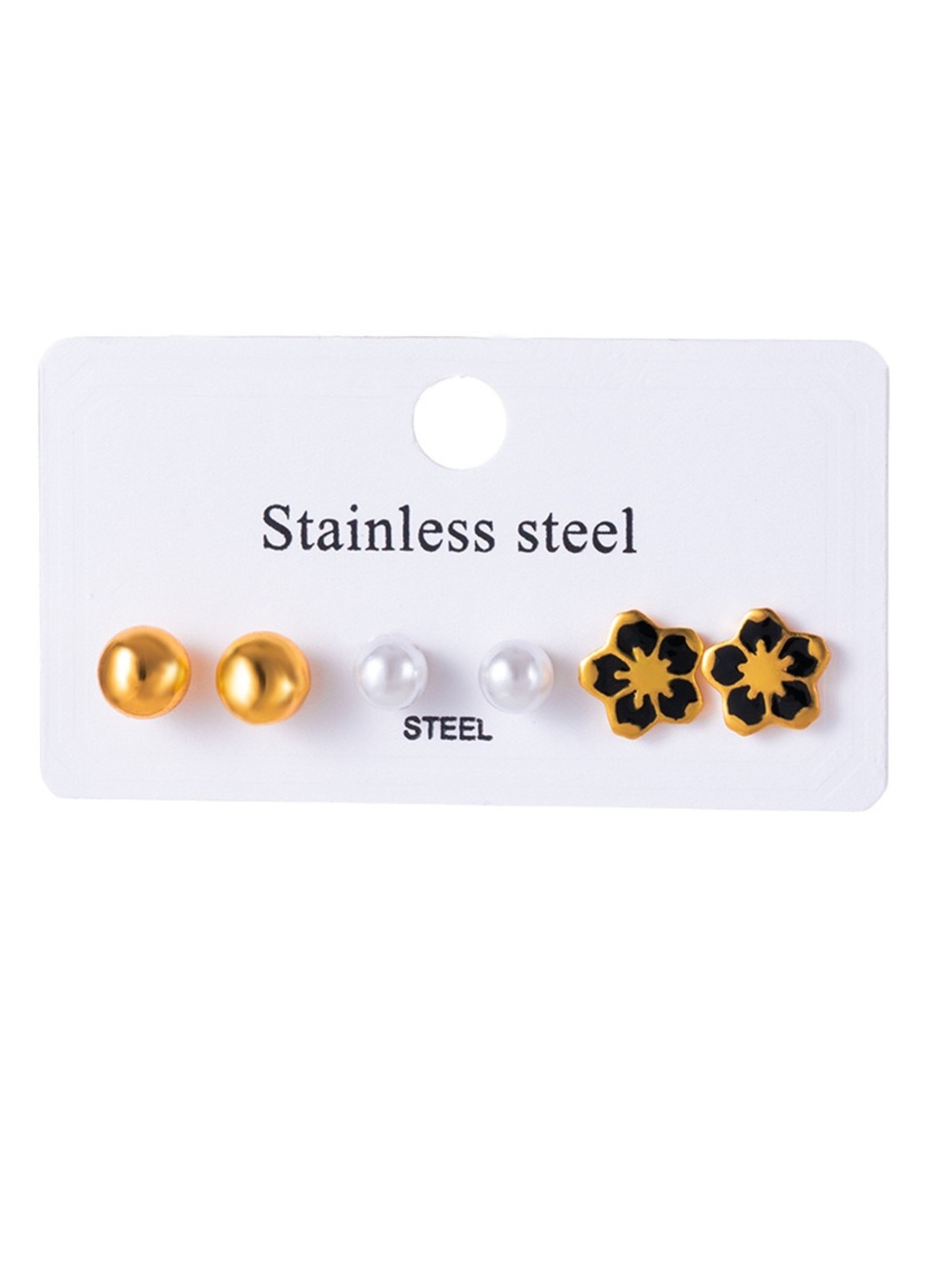 Gold and Black Flower & Pearl Earring Set - Stainless Steel